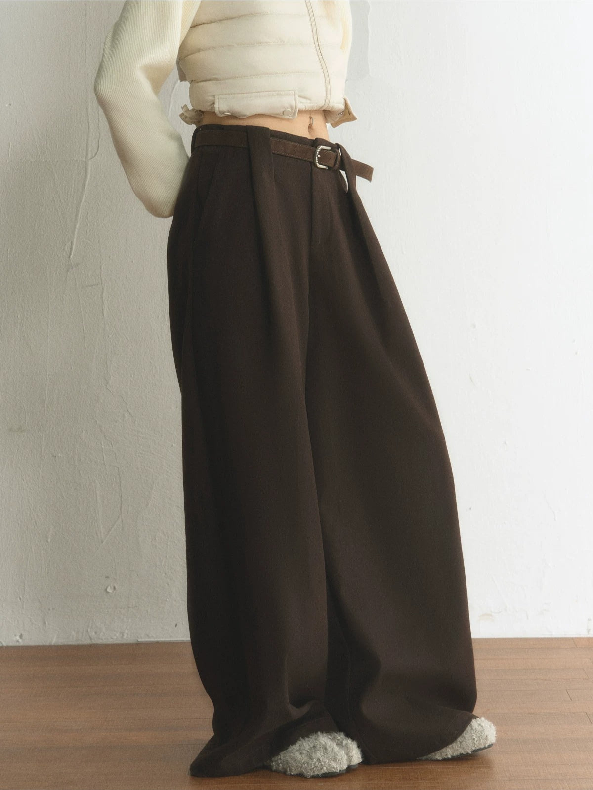 Vintage Belted Pleated Wide-Leg Pants