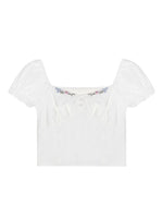 White Square Neck Embroidered Puff Sleeve Shirt