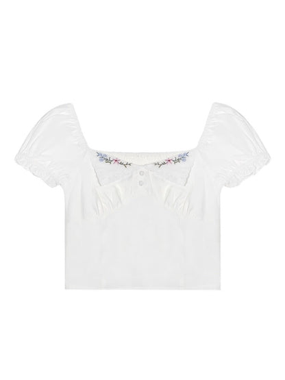 White Square Neck Embroidered Puff Sleeve Shirt