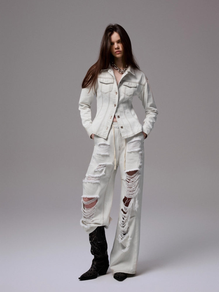 Distressed White Ripped Wide-leg Pants