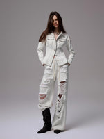 Distressed White Ripped Wide-leg Pants