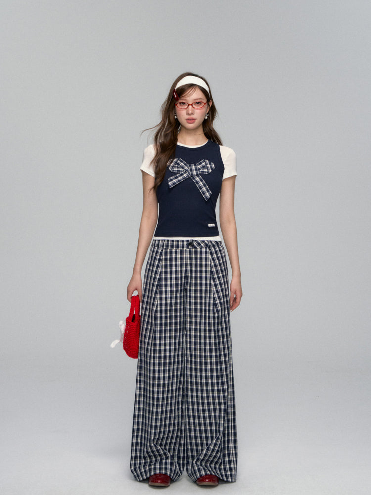 Checkered Bow Contrast Color Short-Sleeve Set