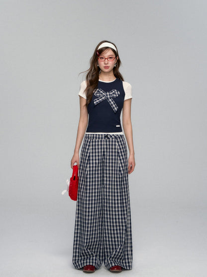 Checkered Bow Contrast Color Short-Sleeve Set