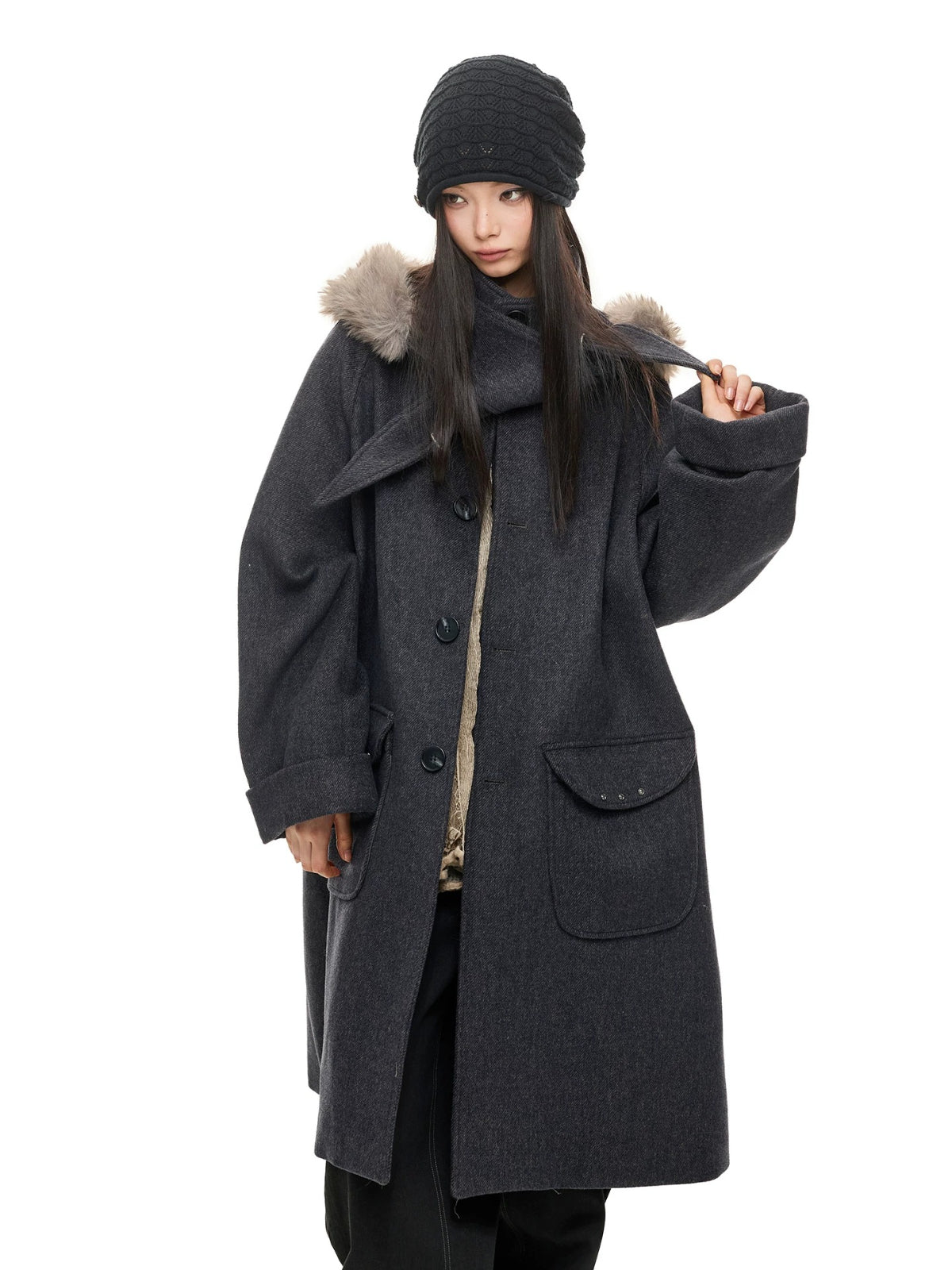 Hooded Wool Blend Long Coat