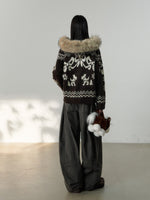 Fair Isle Fur Collar Toggle Knit Coat