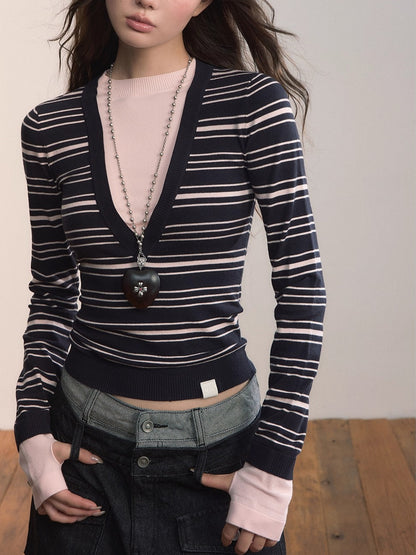 Color-Blocked Stripe Crew Neck Long Sleeve Knit Top