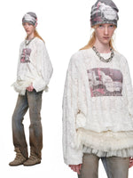 Cat Print Lace Balloon Sweatshirt