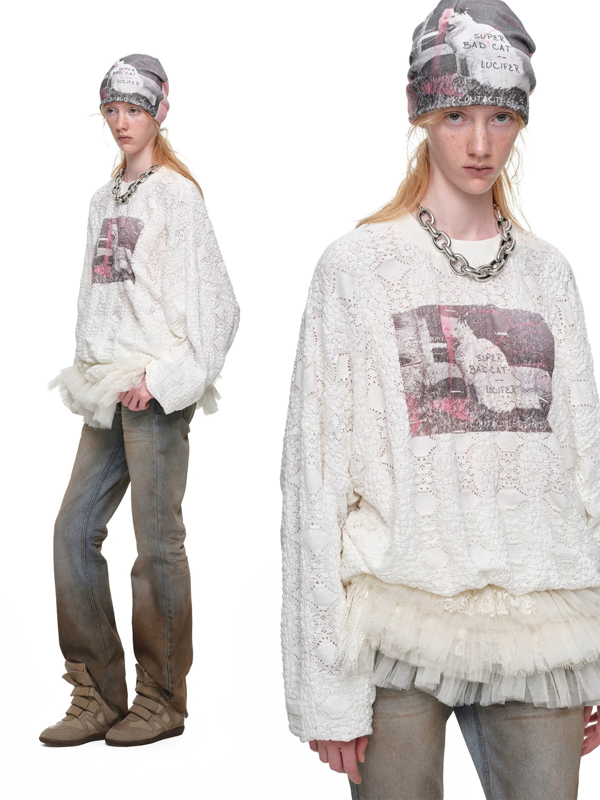 Cat Print Lace Balloon Sweatshirt