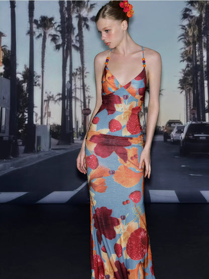 Tropical Backless Tie Maxi Dress
