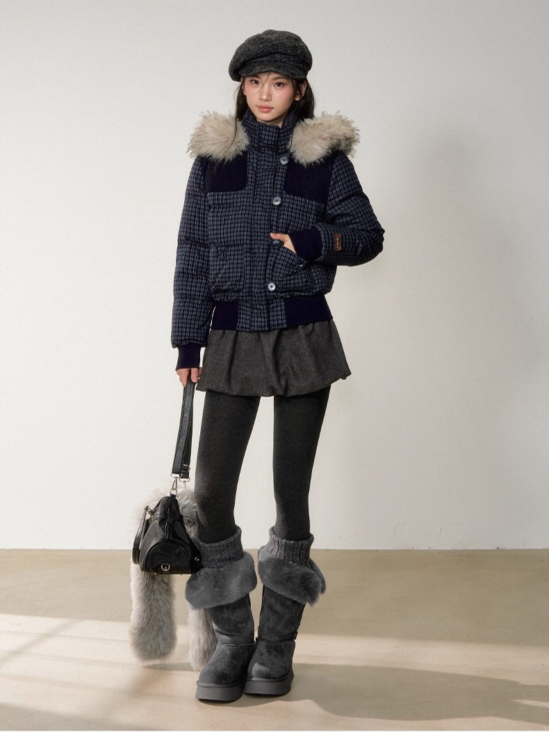 Faux Fur Collar Plaid Down Jacket