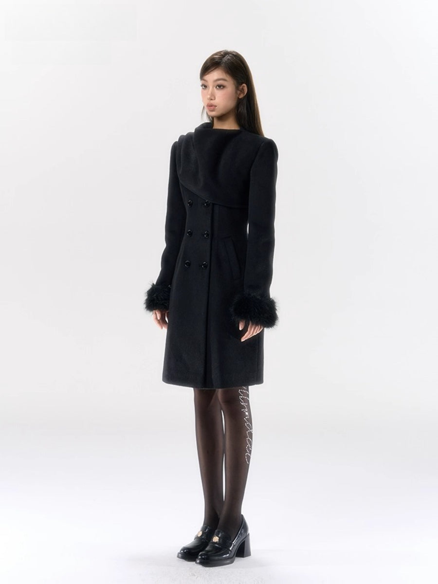 Wool-Blend Scarf-Collar Midlength Waist-Defined Coat