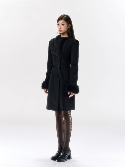 Wool-Blend Scarf-Collar Midlength Waist-Defined Coat
