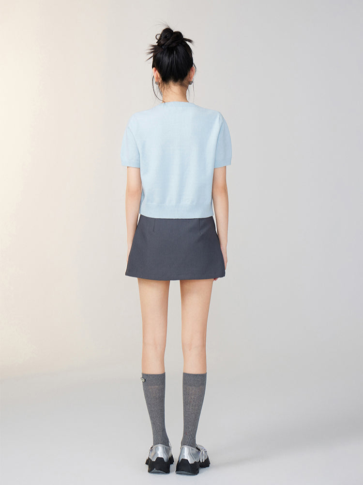 Rhinestone Button Knitted Short-Sleeve Cardigan