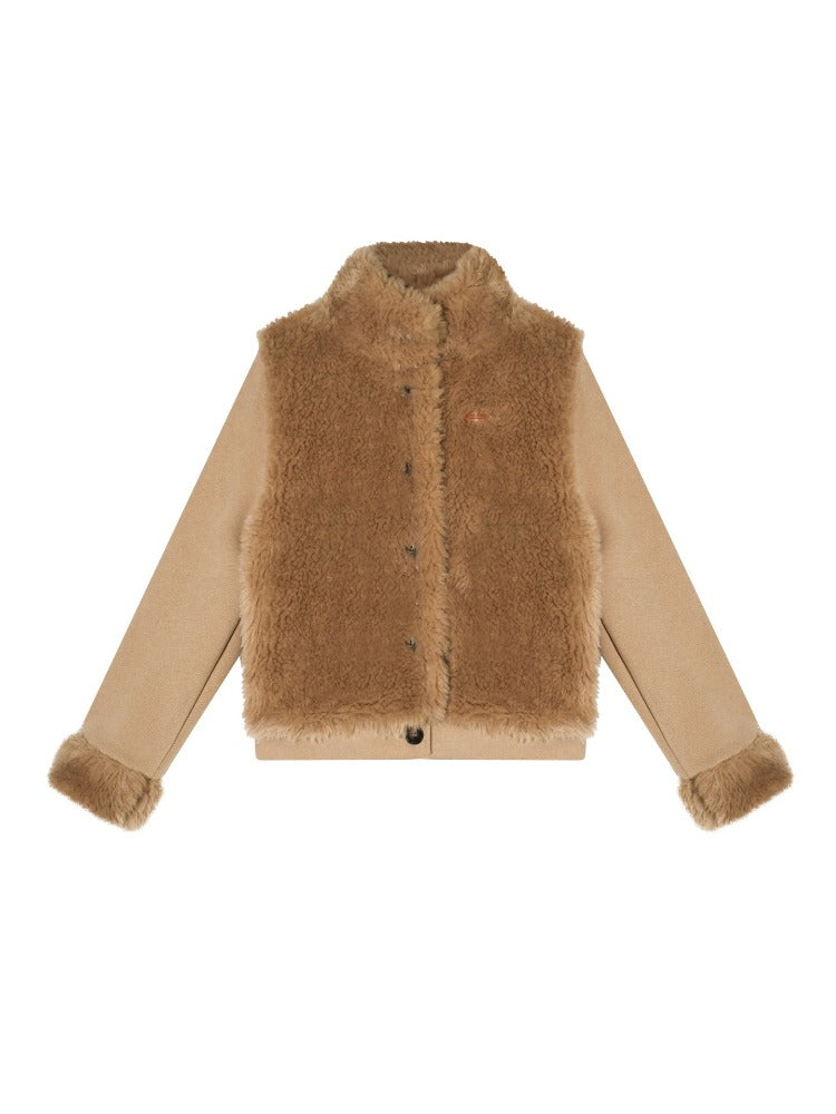 Eco-Faux Fur Knit Stand Collar Jacket