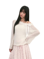 White Lace Knit Blouse & Skirt Set
