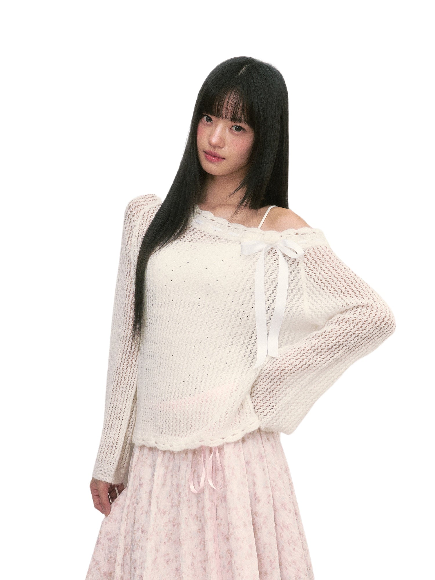 White Lace Knit Blouse &amp; Skirt Set