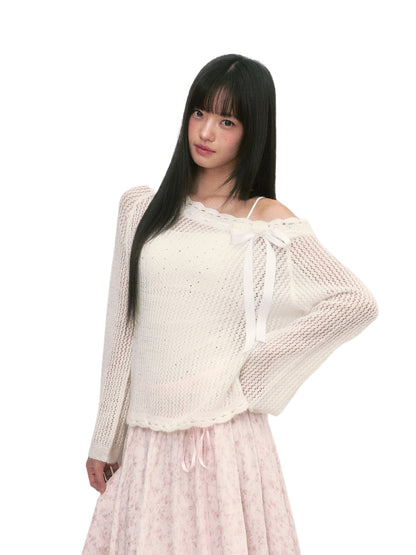 White Lace Knit Blouse &amp; Skirt Set