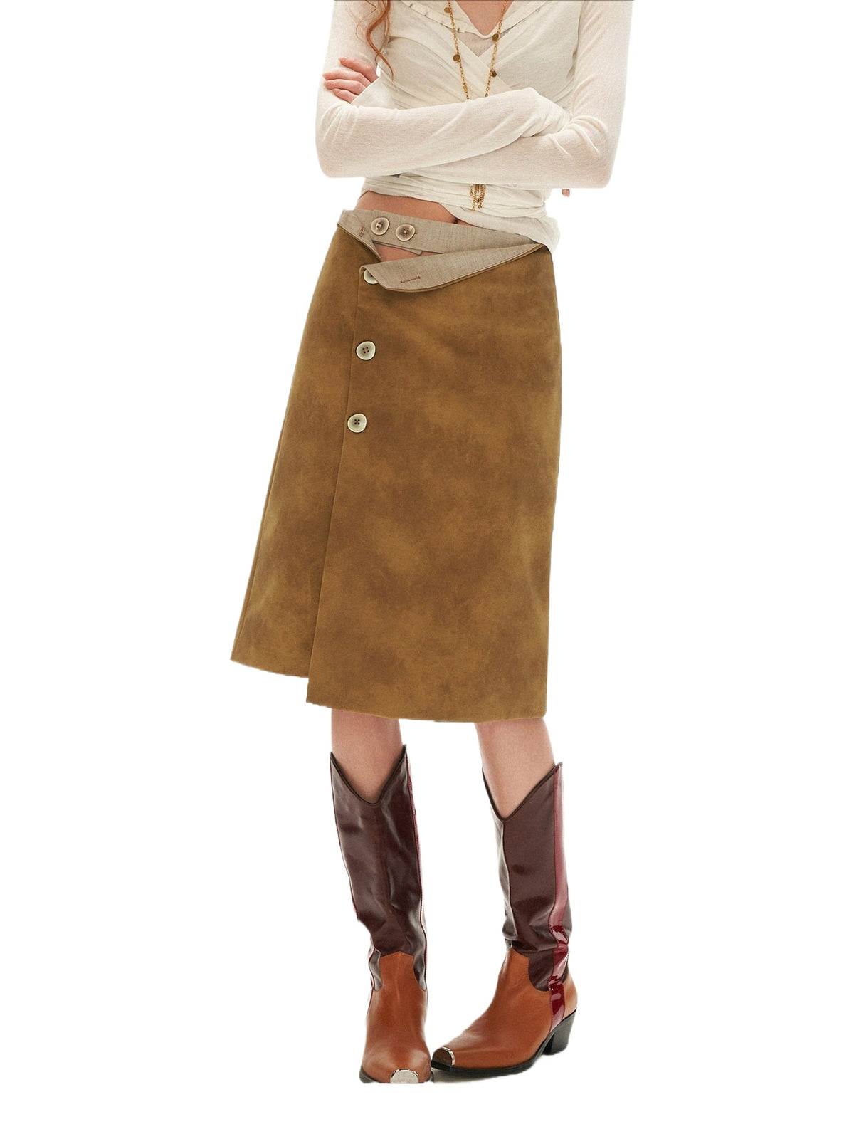 Vintage Washed Leather Midi Skirt