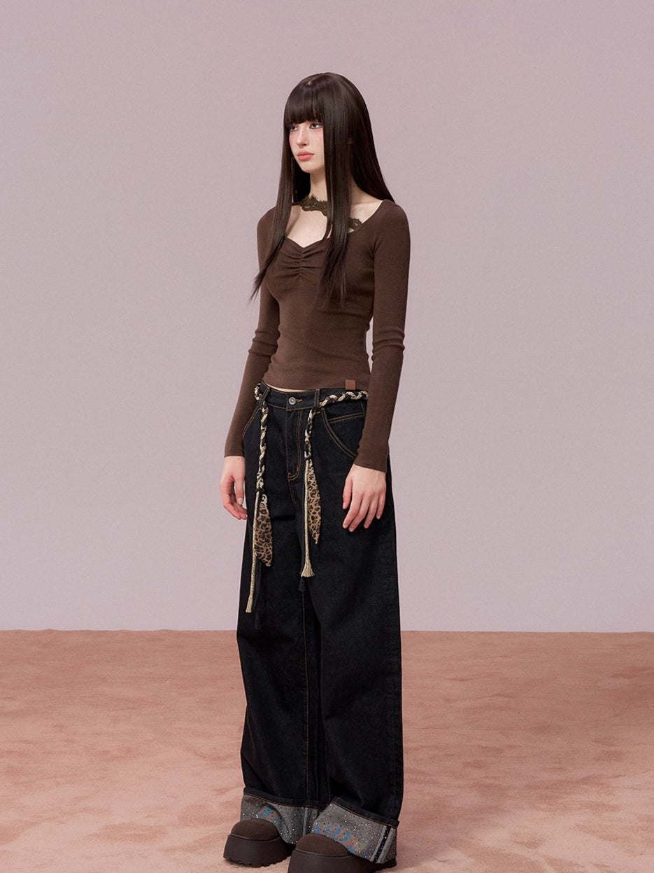 Ruched Lace Detail Knit Top