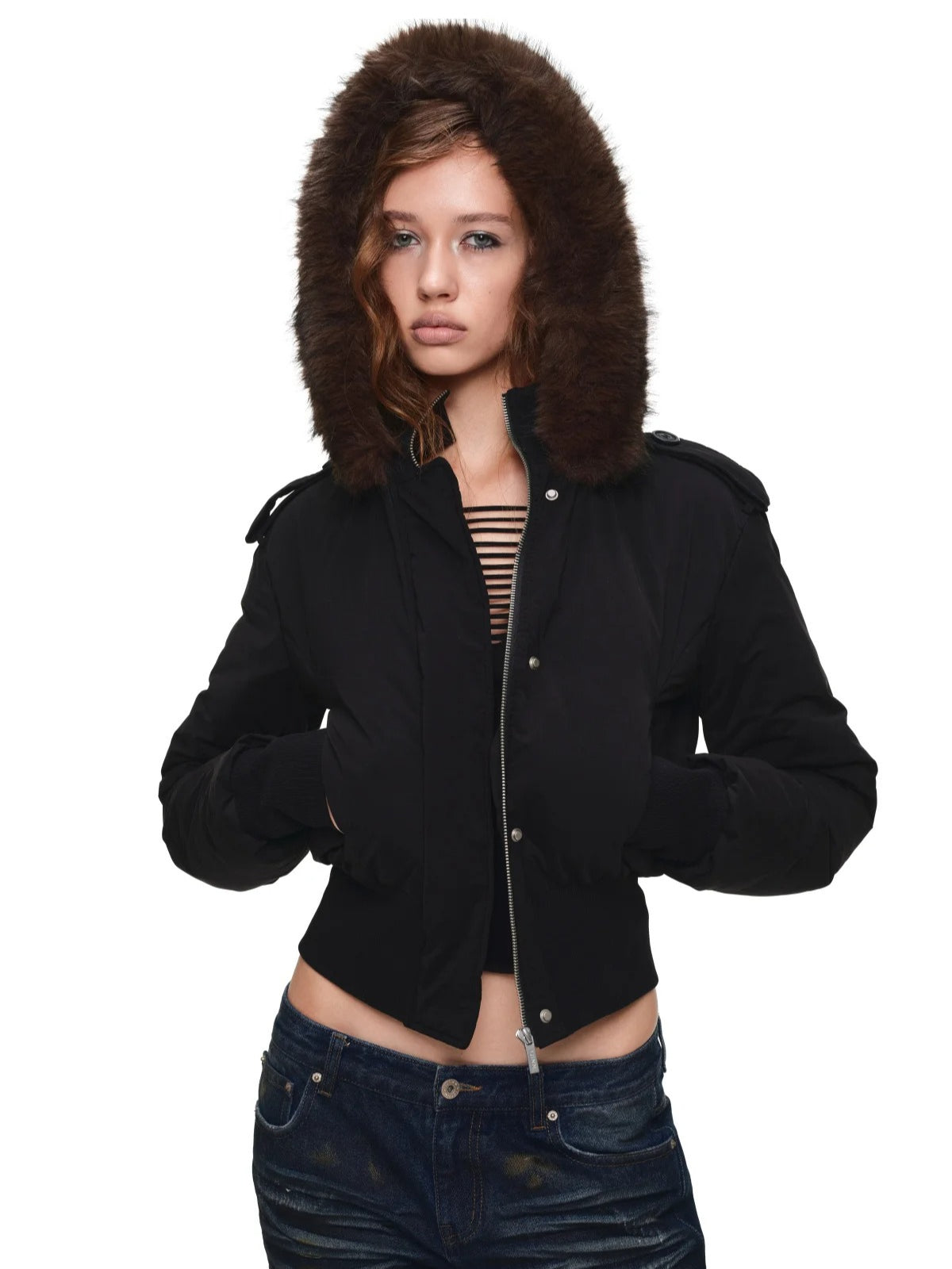 Detachable Faux Fur Ribbed-Waist Down Jacket