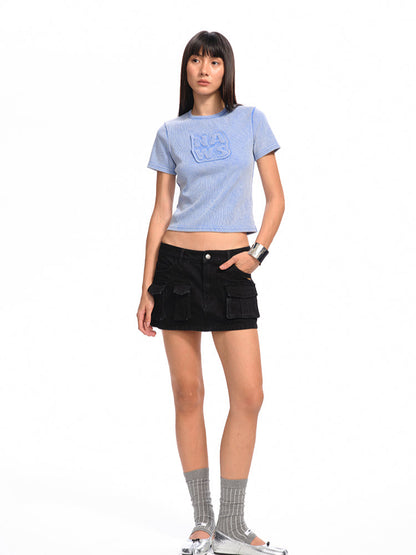 Applique Embroidery Washed Round - Neck Raw - Edge T - shirt