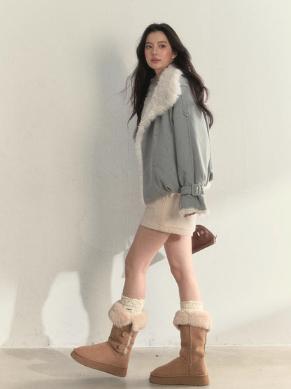 “Warm Oak Grove” Double-Breasted Faux Shearling Parka