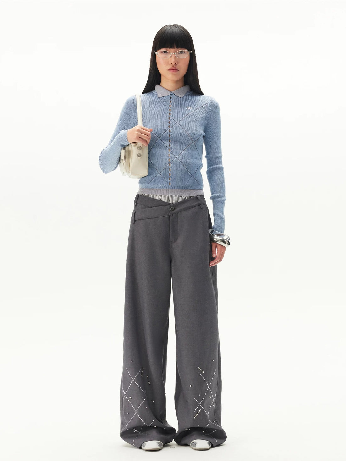 Gelain Rhinestone Asymmetric Waist Pants