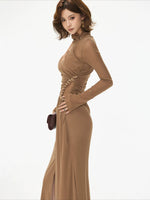 Caramel Ruched Turtleneck Slit Dress