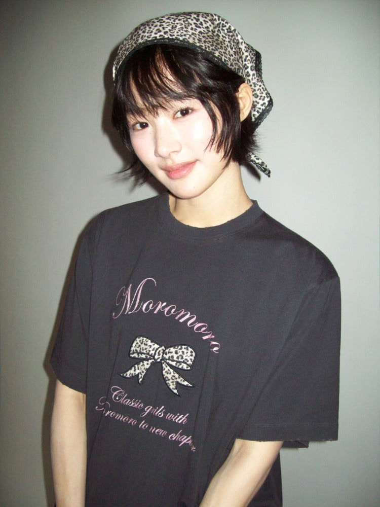 Leopard Print Butterfly Bow Embroidered T-shirt