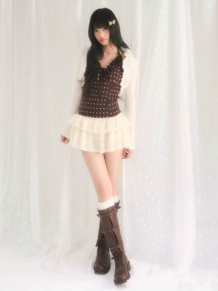 Ruffle Trim Knit Cardigan &amp; Camisole Set
