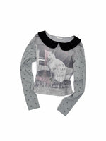 Cat Print Waffle Collar Top