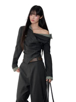 Asymmetric Shoulder Cropped Blazer & Pants Set