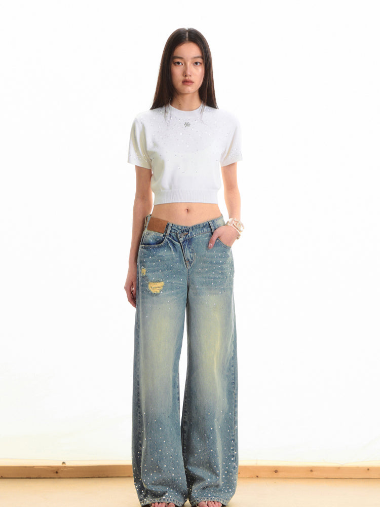 Gradient Rhinestone Shoulder Short-Sleeve T-shirt