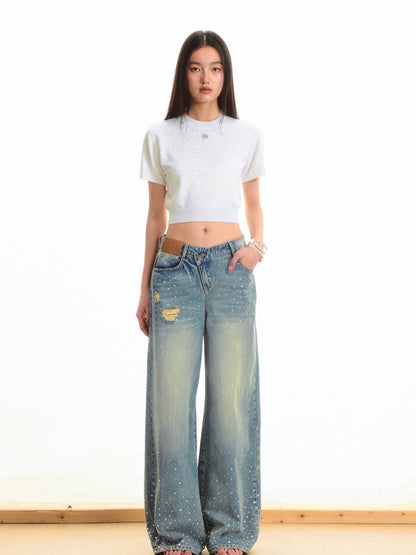 Gradient Rhinestone Shoulder Short-Sleeve T-shirt