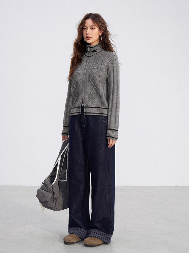 Contrast Zip Cable Sweater