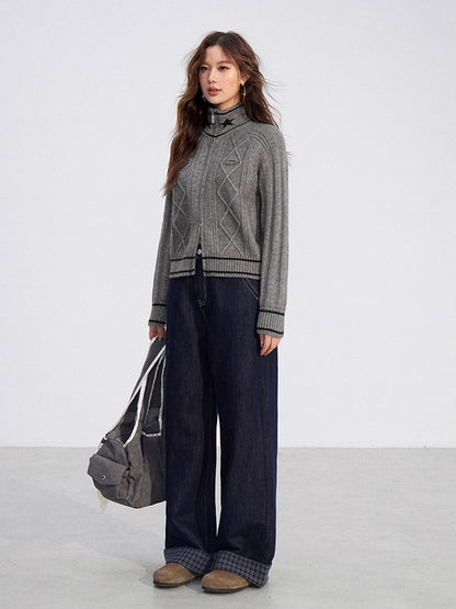 Contrast Zip Cable Sweater