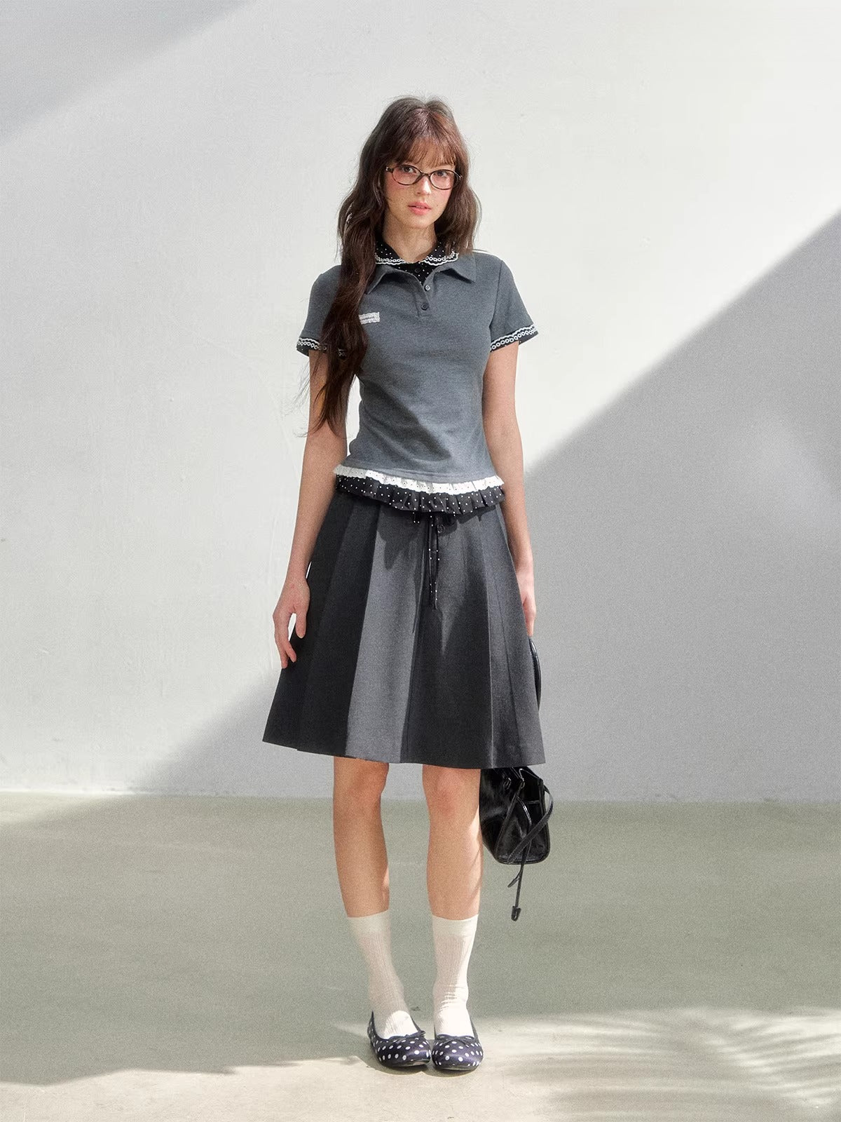 Gray Polka Pleated Midi Skirt