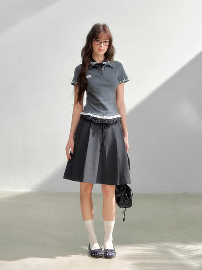 Gray Polka Pleated Midi Skirt
