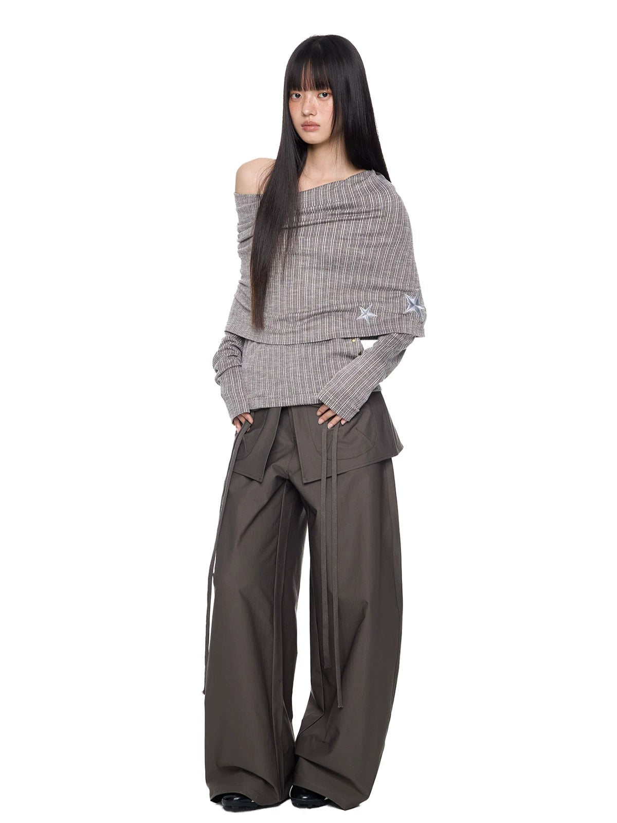 Asymmetric Striped Knit Shoulder Top