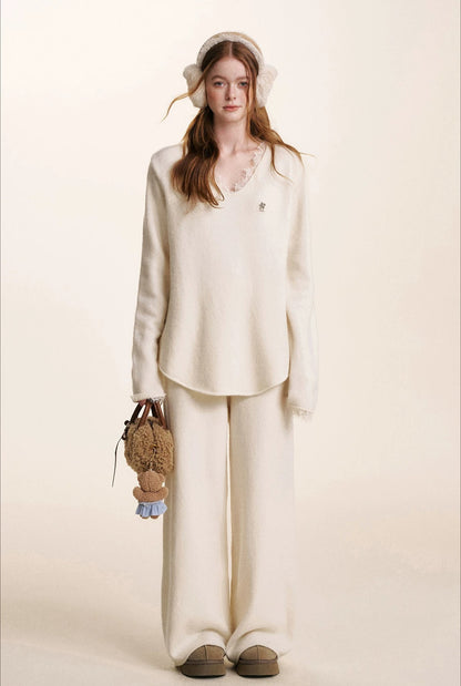 Cream V-Neck Knit Set
