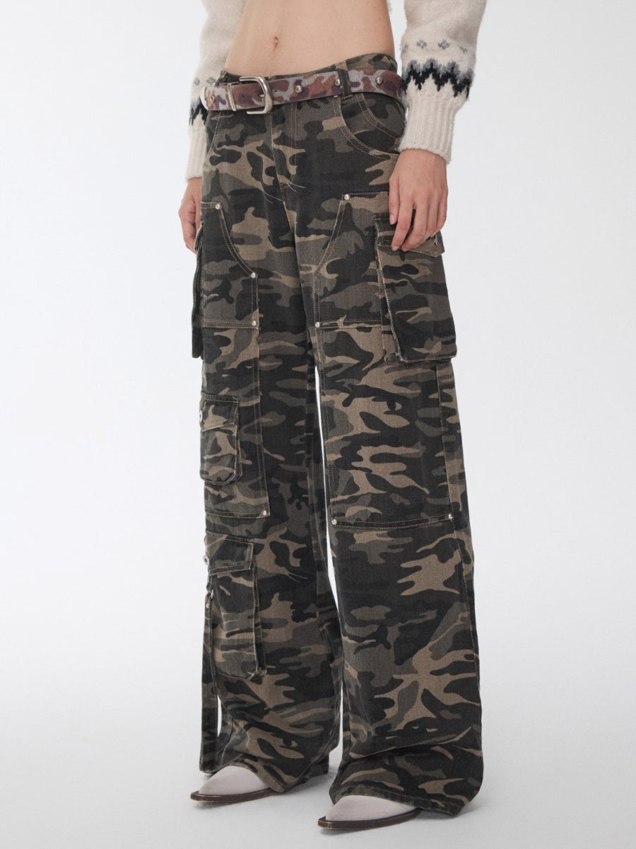 Washed Camo Multi-Pocket Cargo Wide-Leg Pants