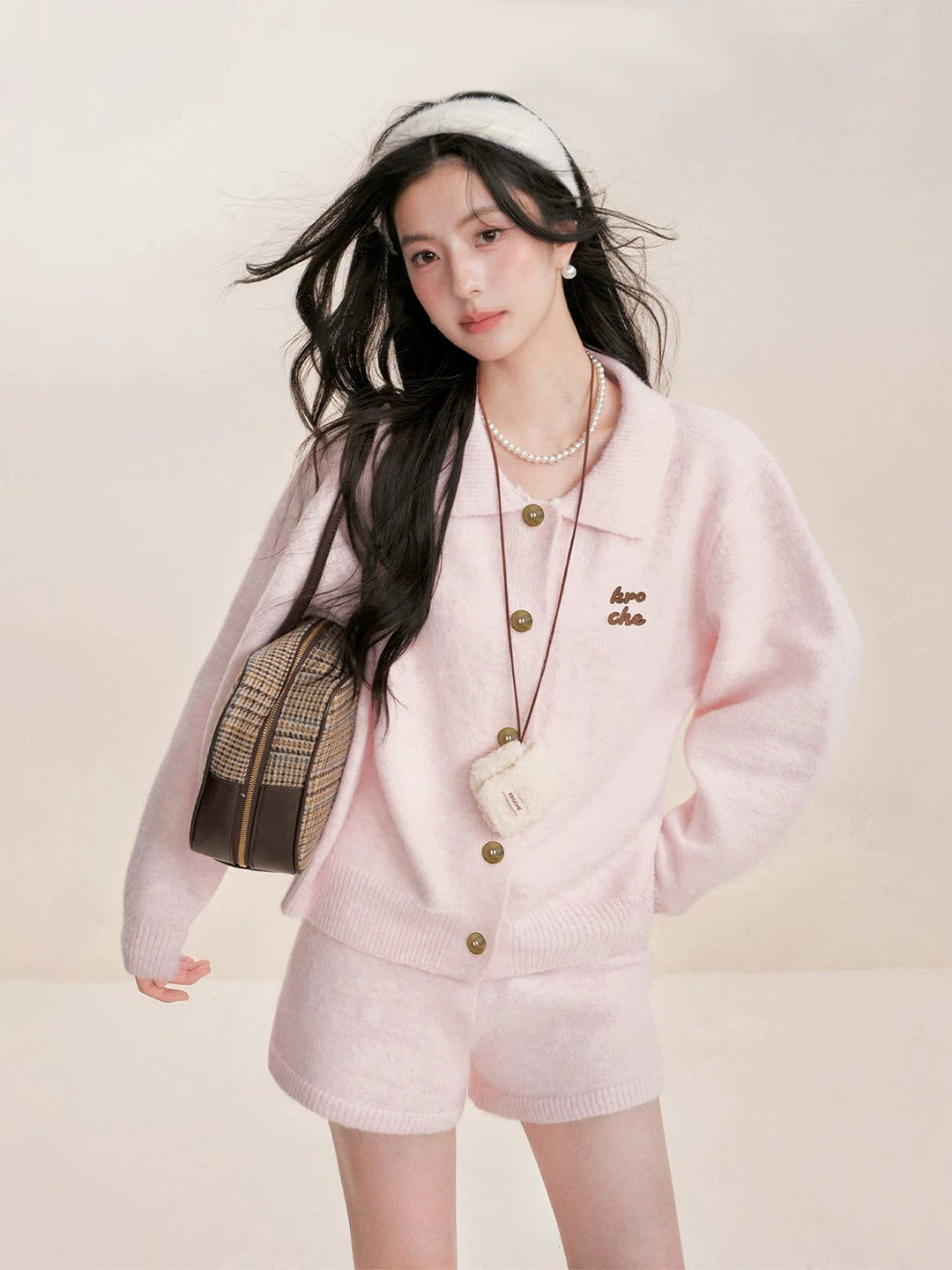 Pink Knit Turn-Down Collar Cardigan Set