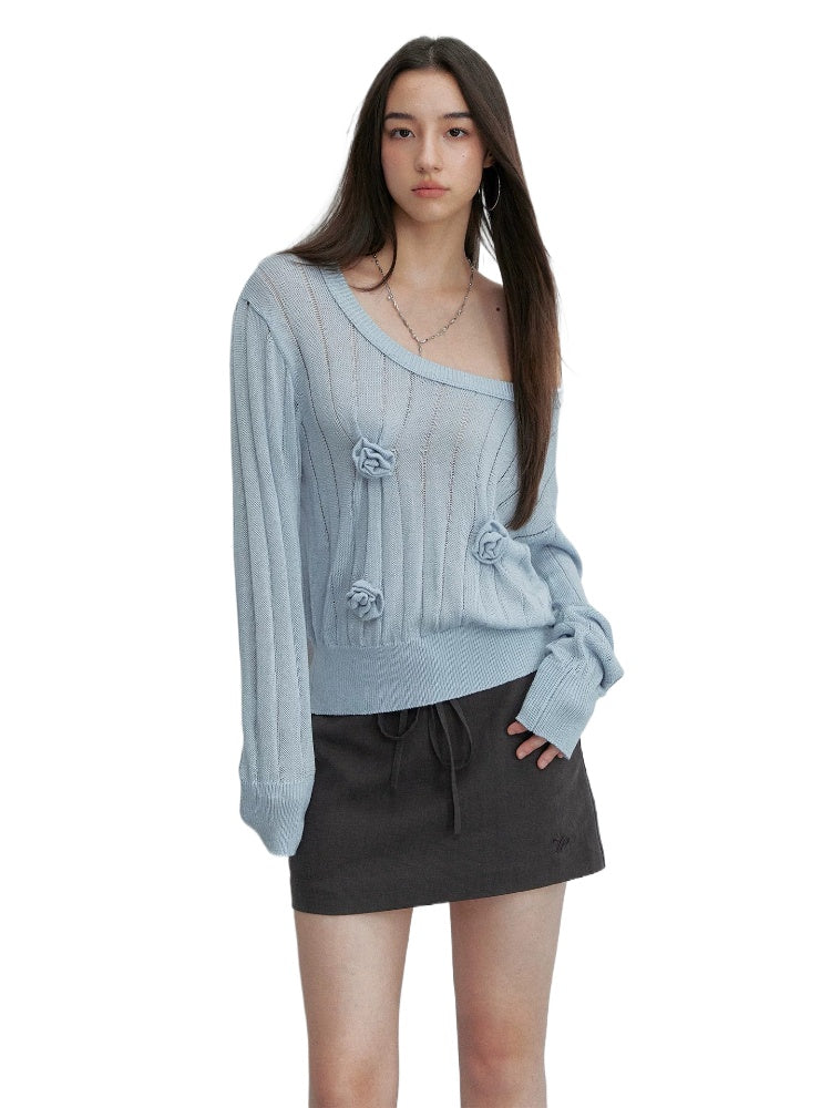 Asymmetric Floral Openwork Knit Top