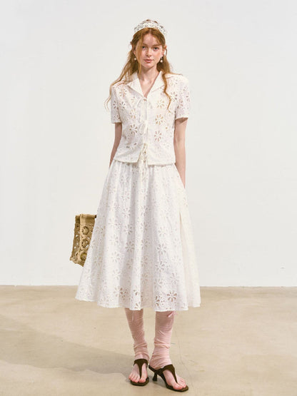 Hollow-out Flower Tie-up Short-Sleeve Top &amp; Skirt Set