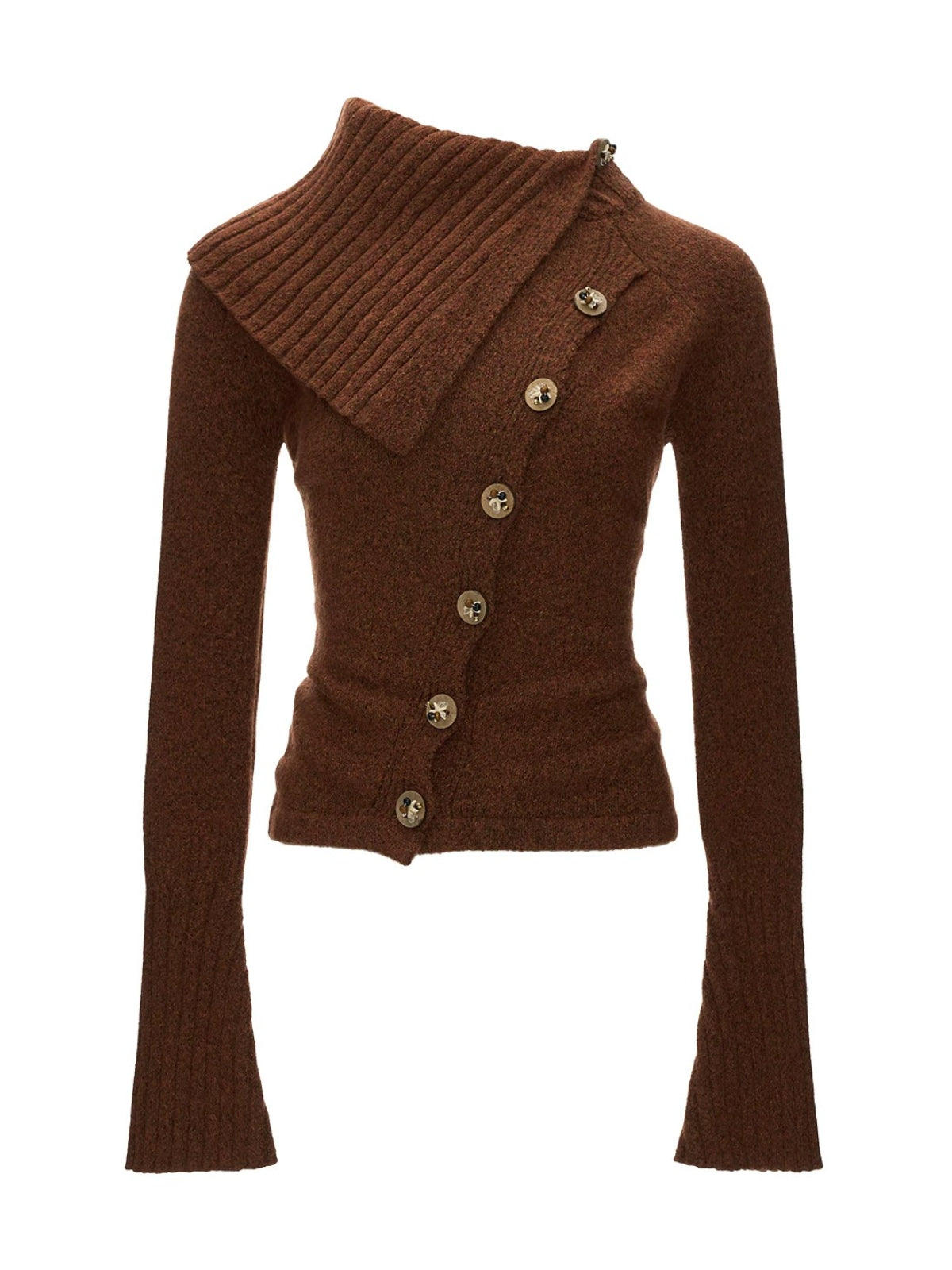 Asymmetrical High Neck Fitted Knit Cardigan