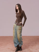 Washed Distressed Embroidered Denim Jeans
