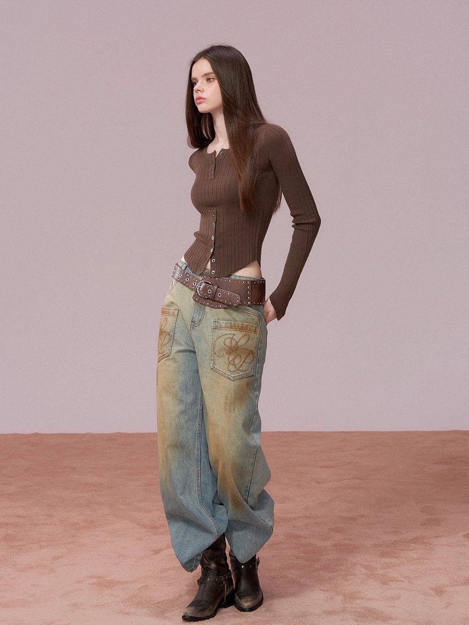 Washed Distressed Embroidered Denim Jeans