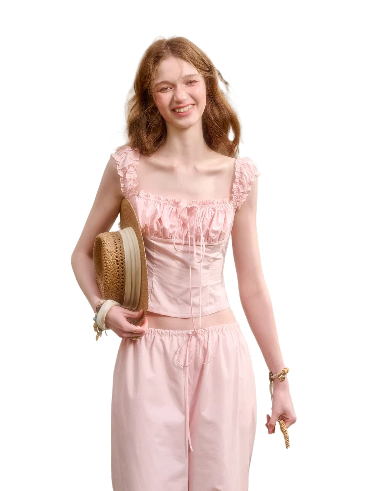 Pink Ruched Drawstring Top &amp; Pants Set