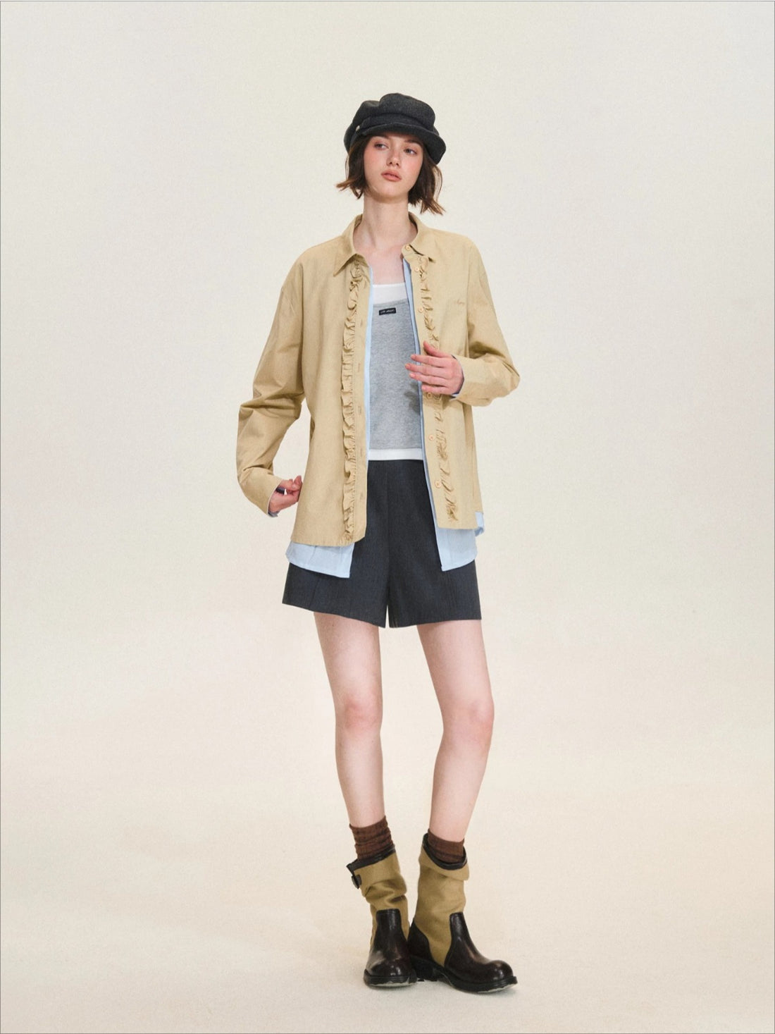 Contrast Layered Ruffle Cotton Shirt