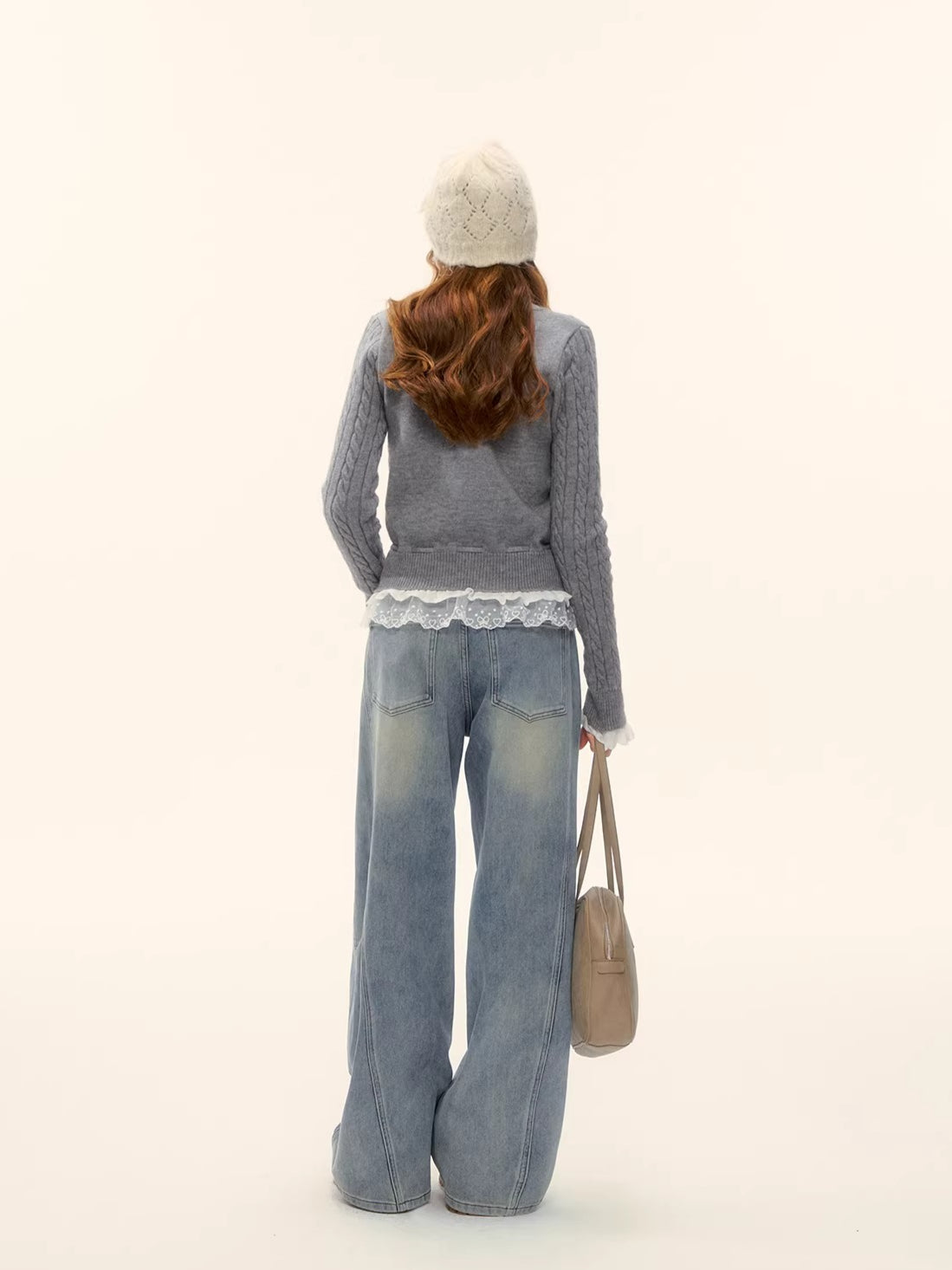 Cable Knit Lace Hem Drawstring Sweater
